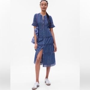 LoveShackFancy x Gap Dress Edie Midi Denim Tiered in Blue
